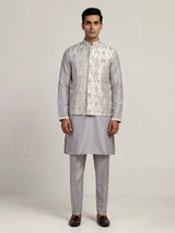 Grey silk waistcoat set for men with subtle sequin threadwork