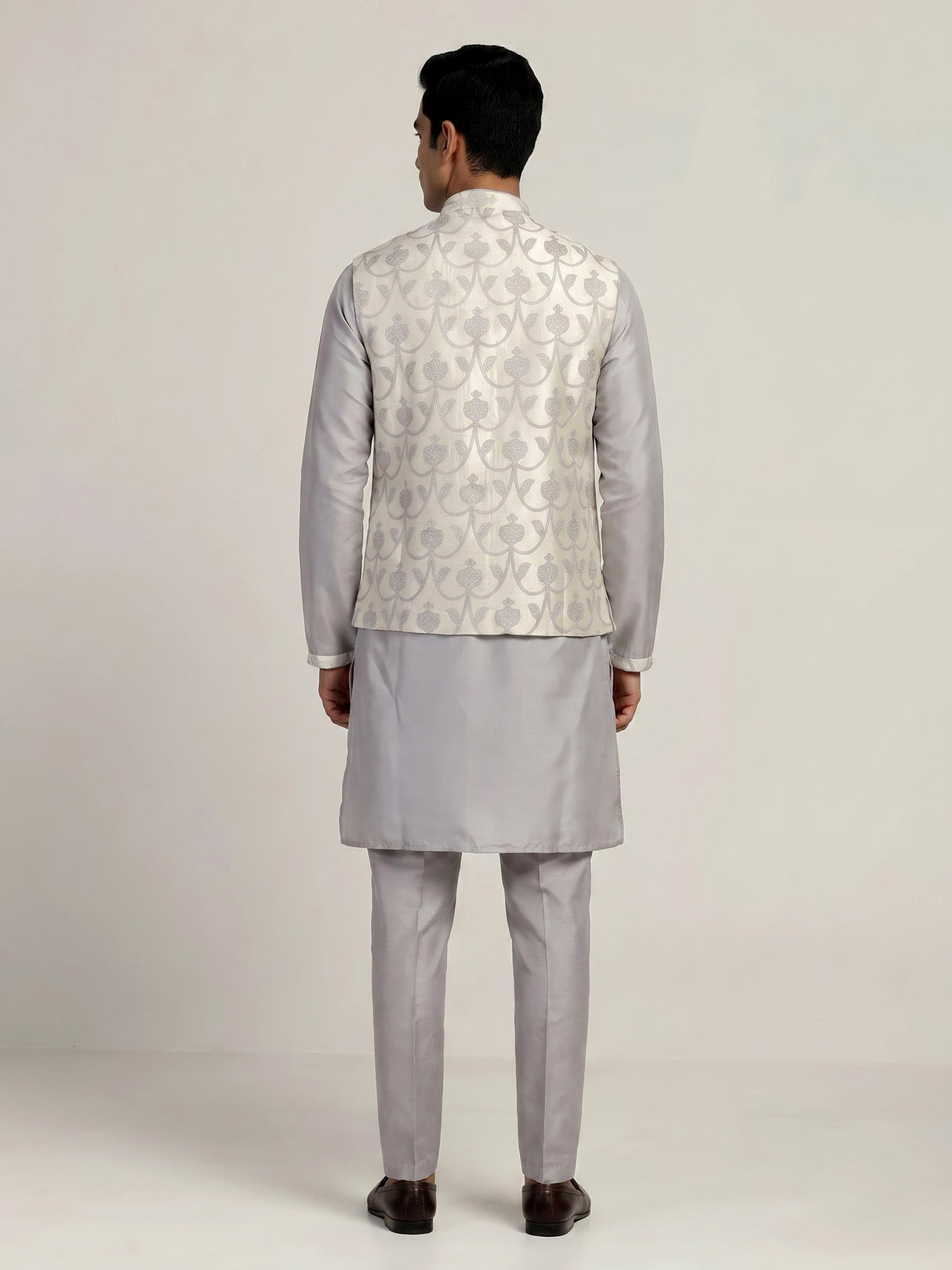 Grey silk waistcoat set for men with subtle sequin threadwork