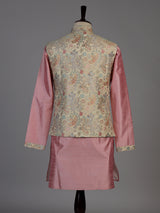 Pink silk waistcoat set for men with printed zari detailing
