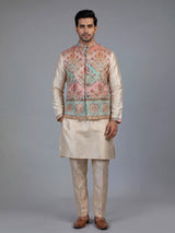 Beige silk printed waistcoat set for men with elegant detailing