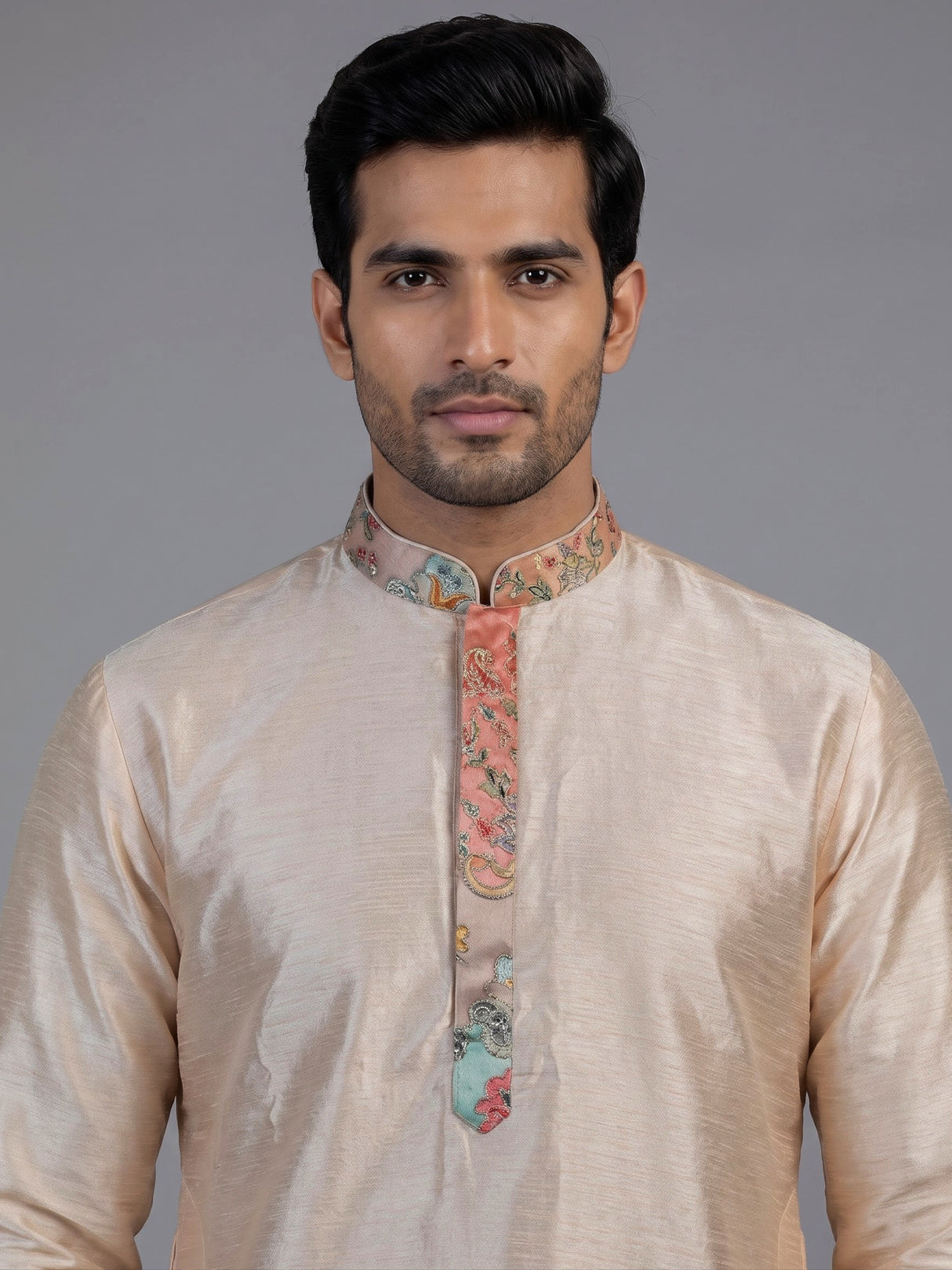 Beige silk printed waistcoat set for men with elegant detailing