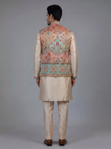 Beige silk printed waistcoat set for men with elegant detailing