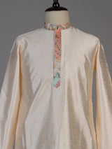 Beige silk printed waistcoat set for men with elegant detailing