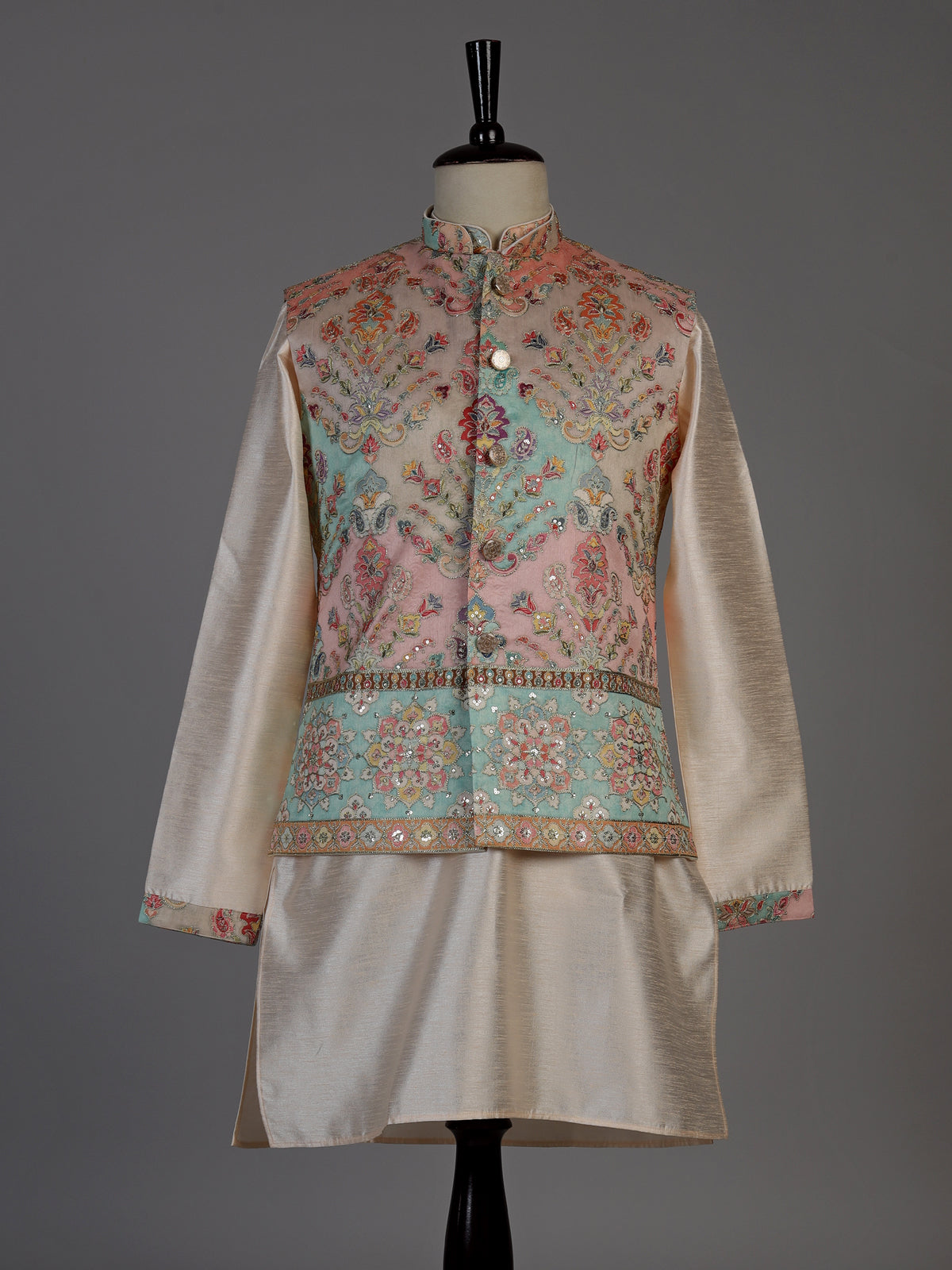 Beige silk printed waistcoat set for men with elegant detailing