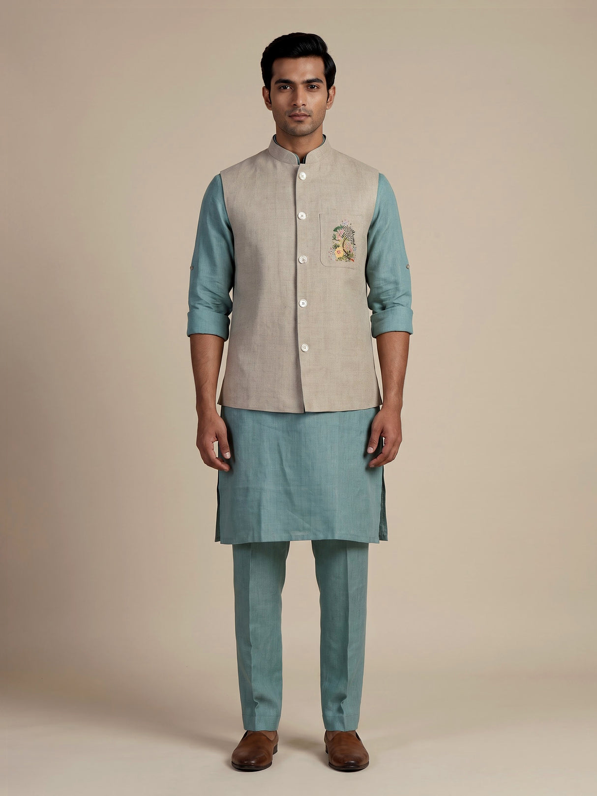 Aqua blue linen waistcoat set for men with festive embellishments