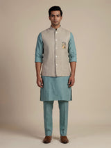Aqua blue linen waistcoat set for men with festive embellishments