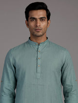 Aqua blue linen waistcoat set for men with festive embellishments