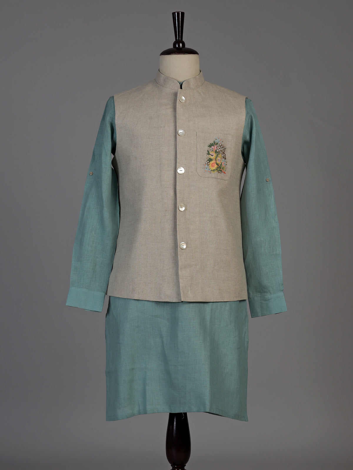 Aqua blue linen waistcoat set for men with festive embellishments