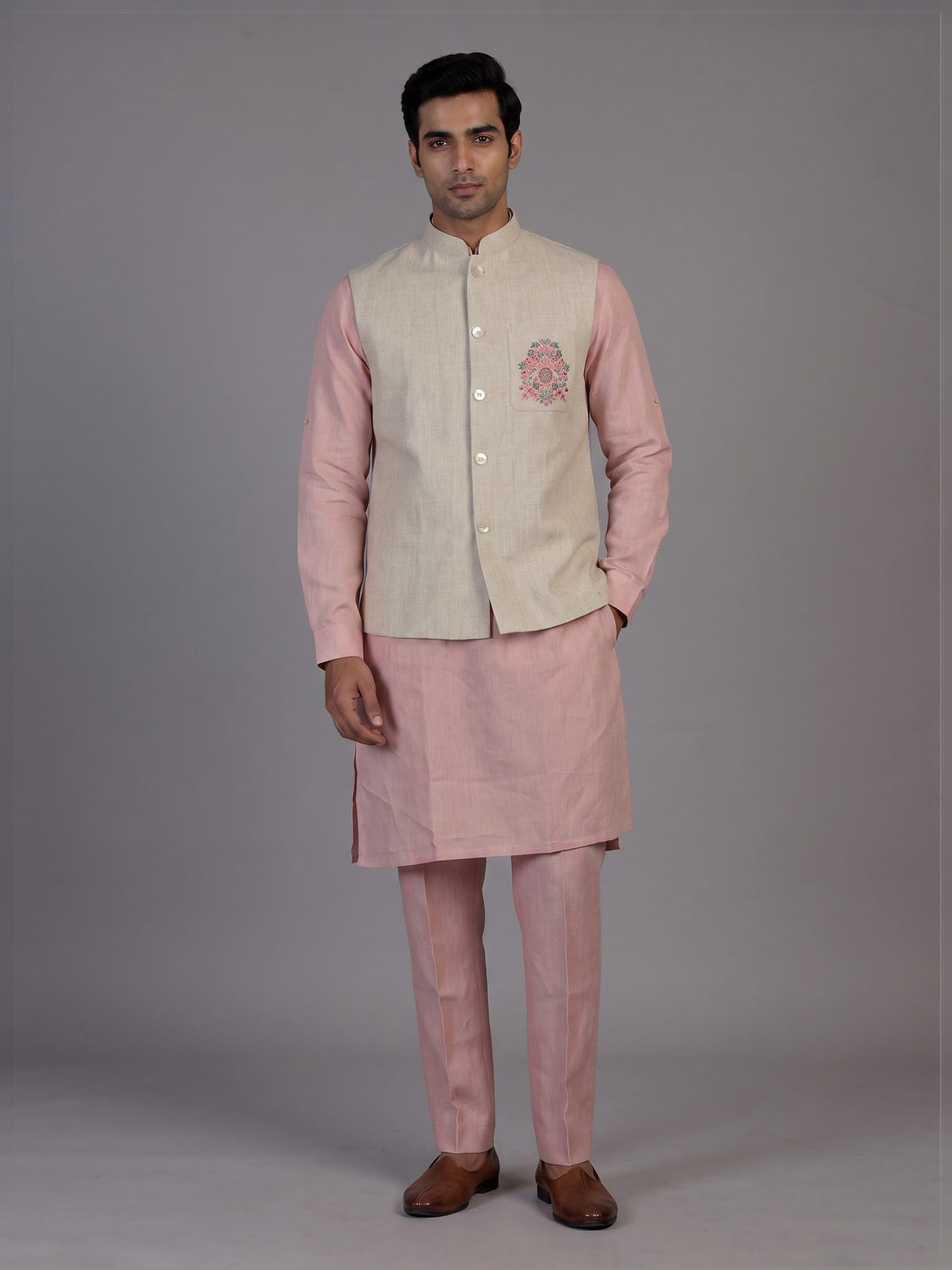 Pink linen waistcoat set for men with intricate zardosi embellishments