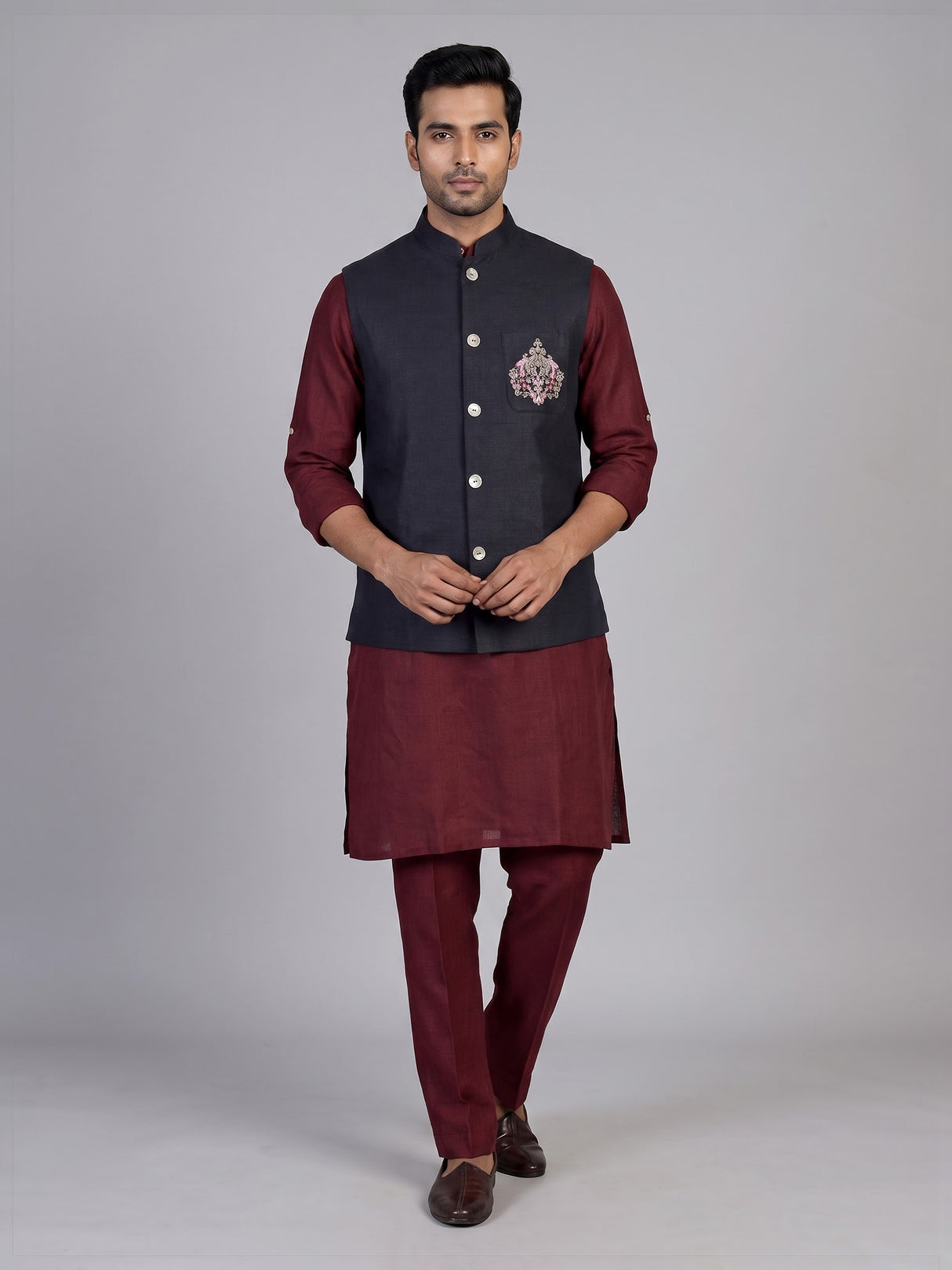 Maroon cotton waistcoat set for men with luxurious embellishments