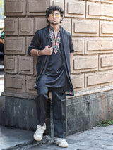 Black resham embroidered kurta suit for men