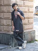 Black resham embroidered kurta suit for men