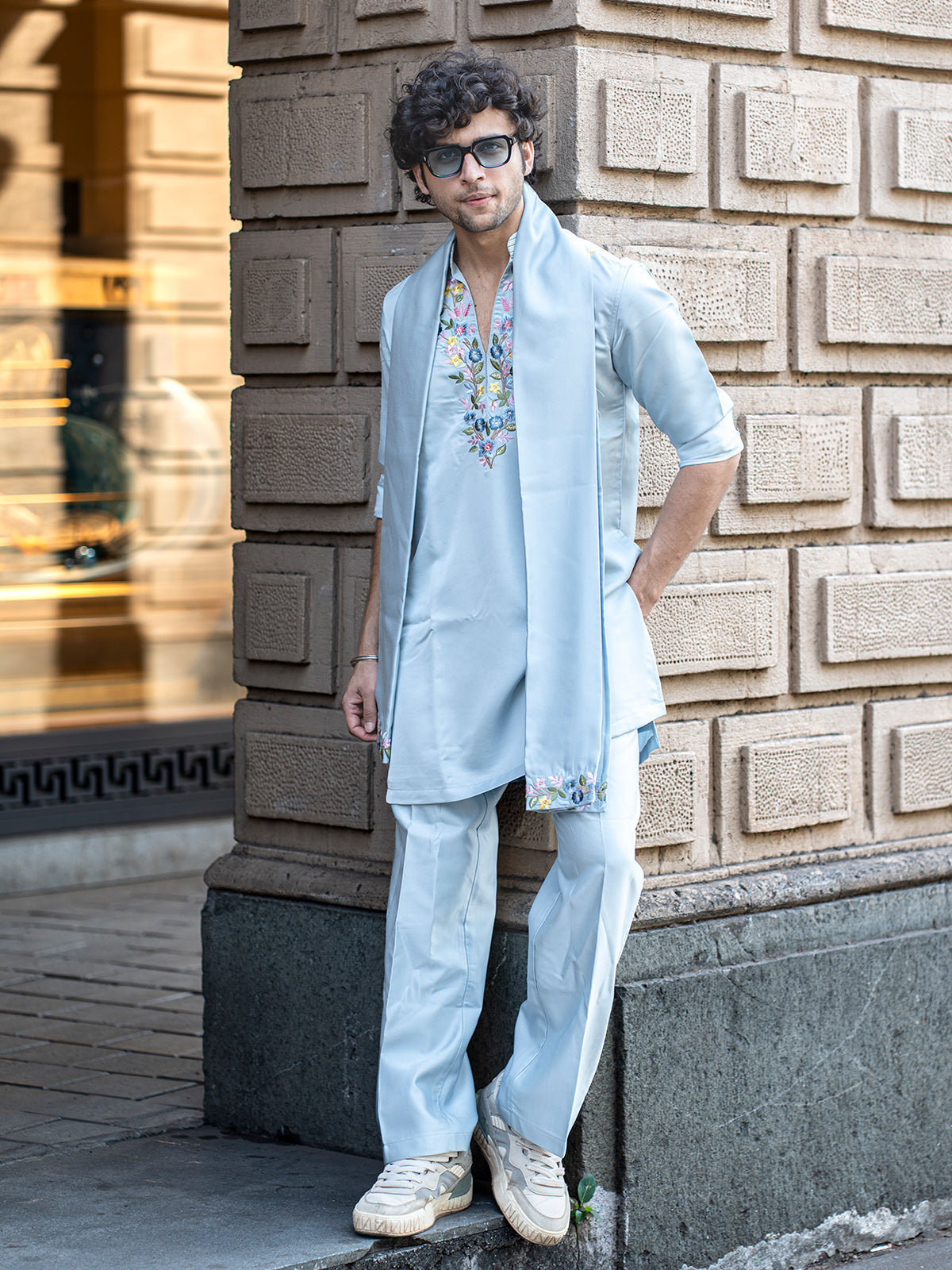 Sky blue geometric threadwork kurta suit for men