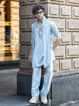Sky blue geometric threadwork kurta suit for men