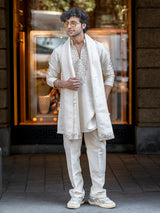 Off white geometric embroidered kurta suit for men
