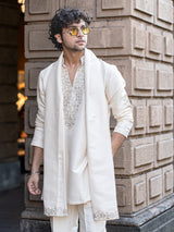 Off white geometric embroidered kurta suit for men