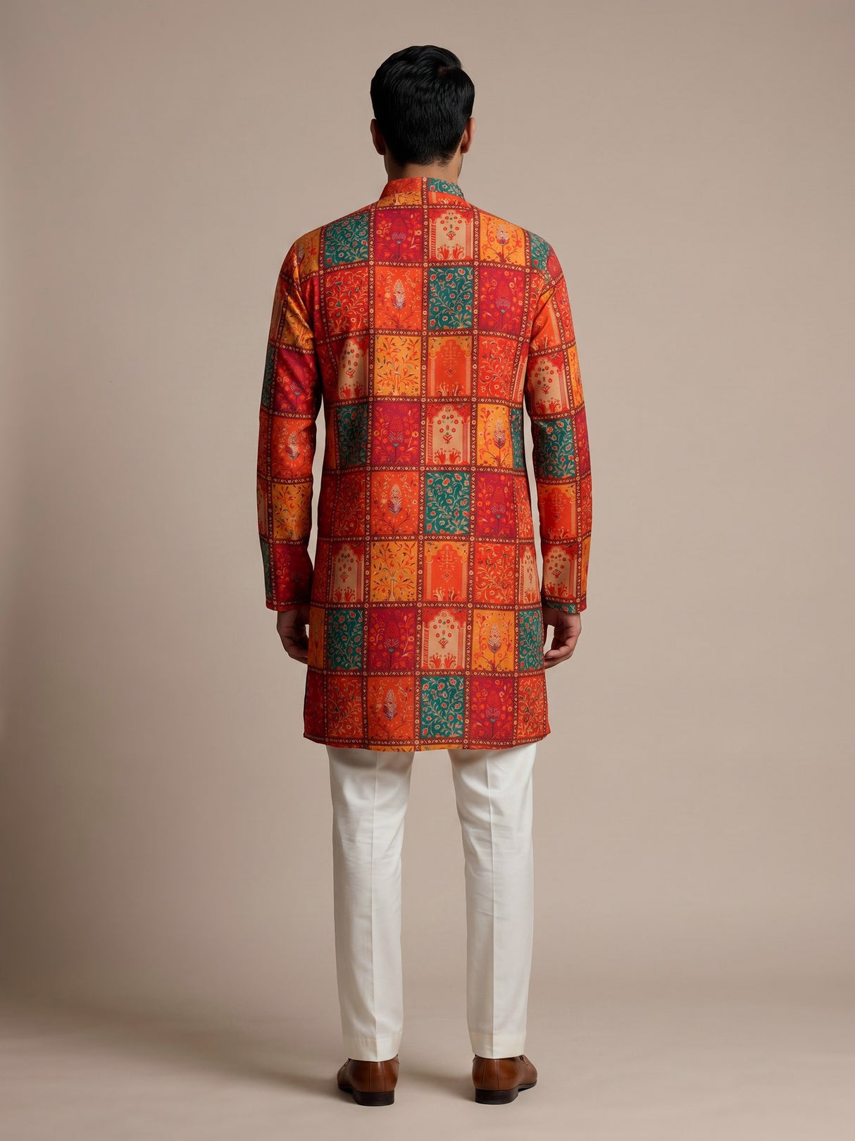 Red silk printed kurta suit for men festive occasionsc