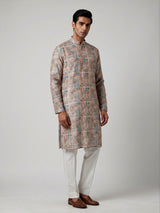 Beige silk printed kurta suit for men traditional elegance