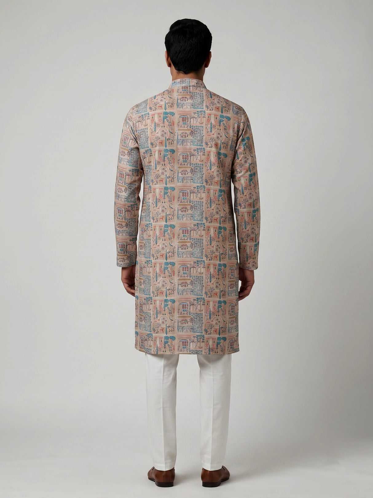 Beige silk printed kurta suit for men traditional elegance