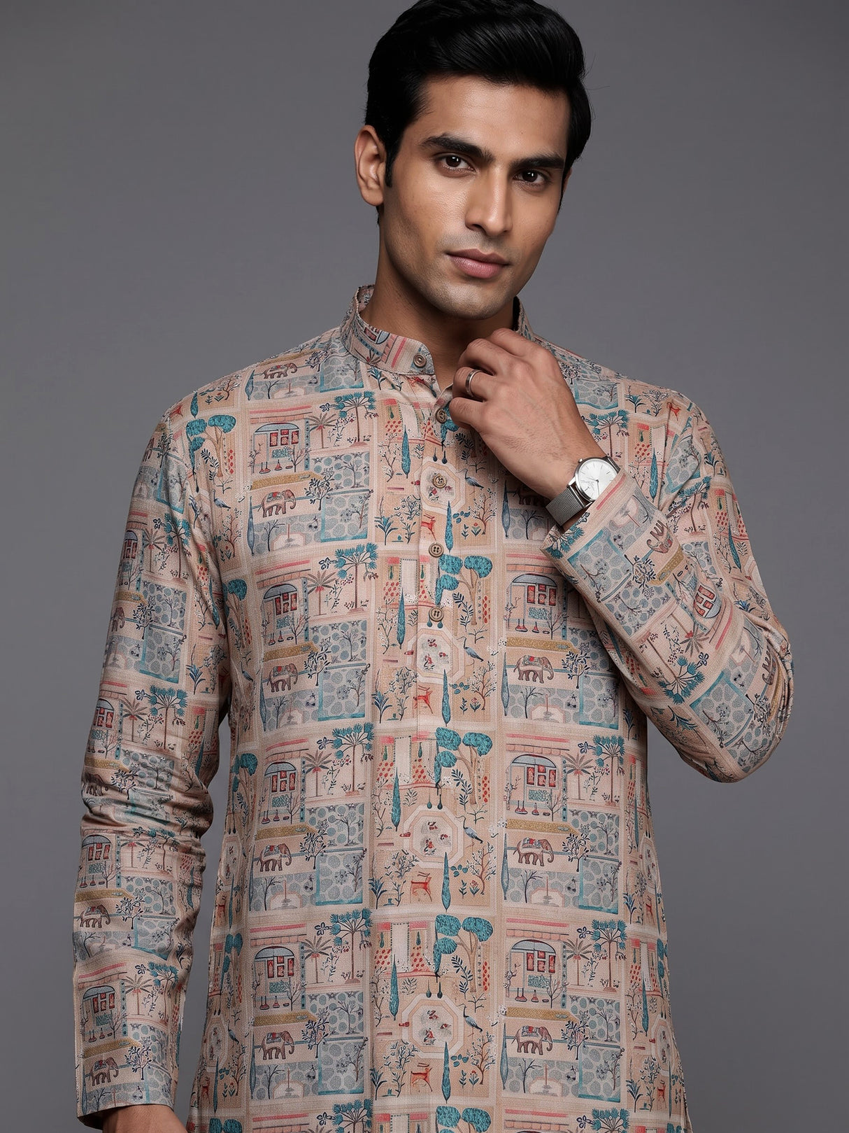 Beige silk printed kurta suit for men traditional elegance