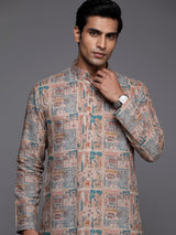 Beige silk printed kurta suit for men traditional elegance
