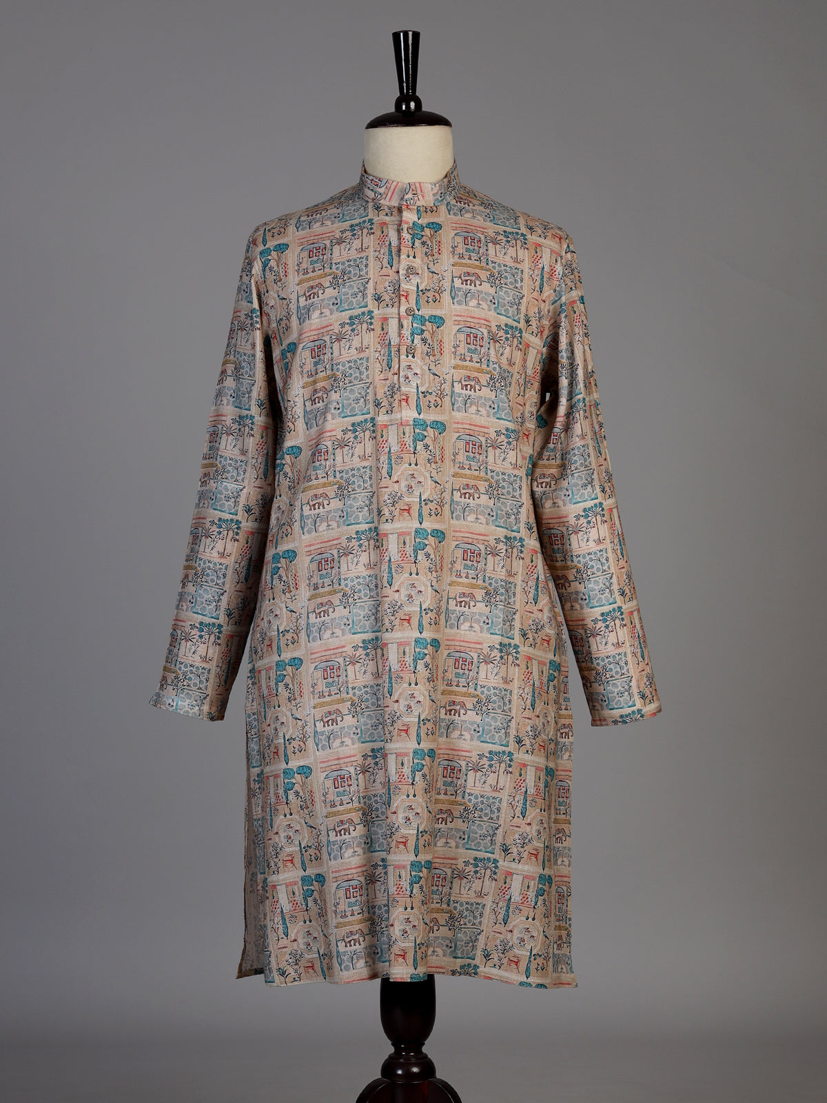 Beige silk printed kurta suit for men traditional elegance