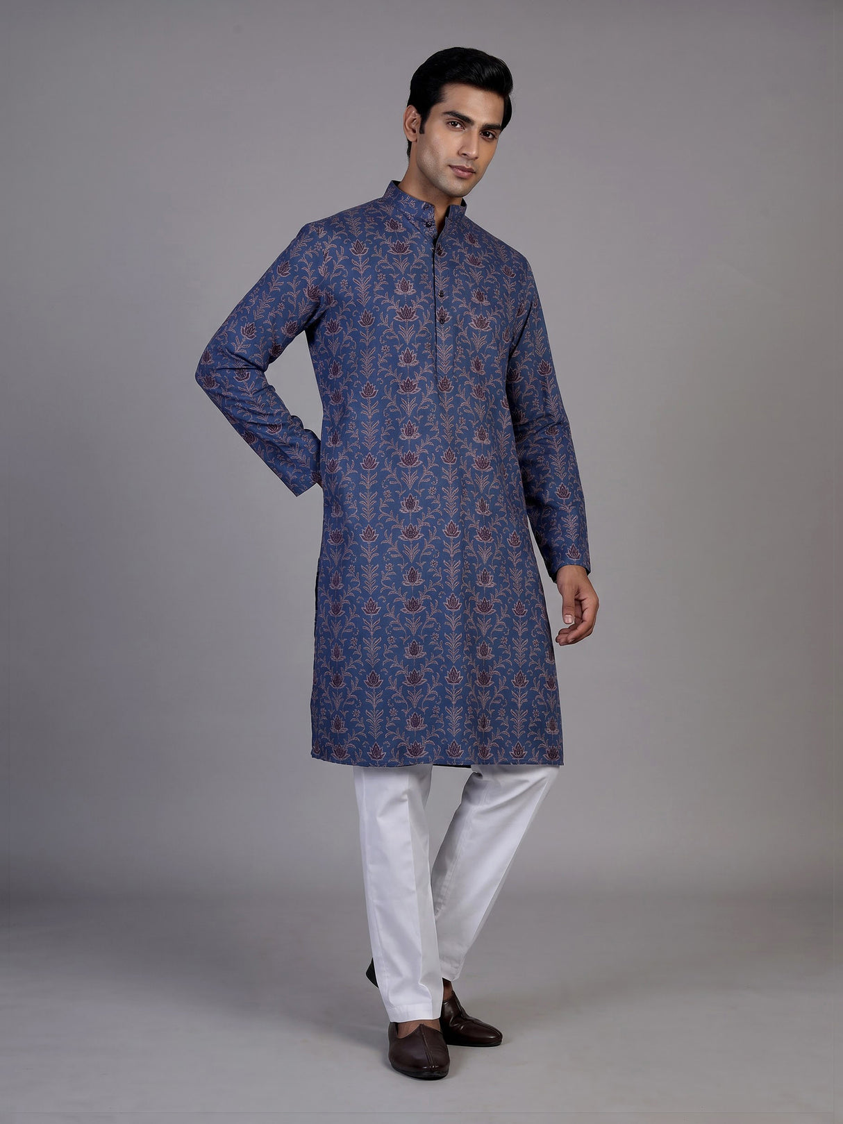 Navy silk printed kurta suit for men festive occasions