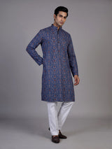 Navy silk printed kurta suit for men festive occasions