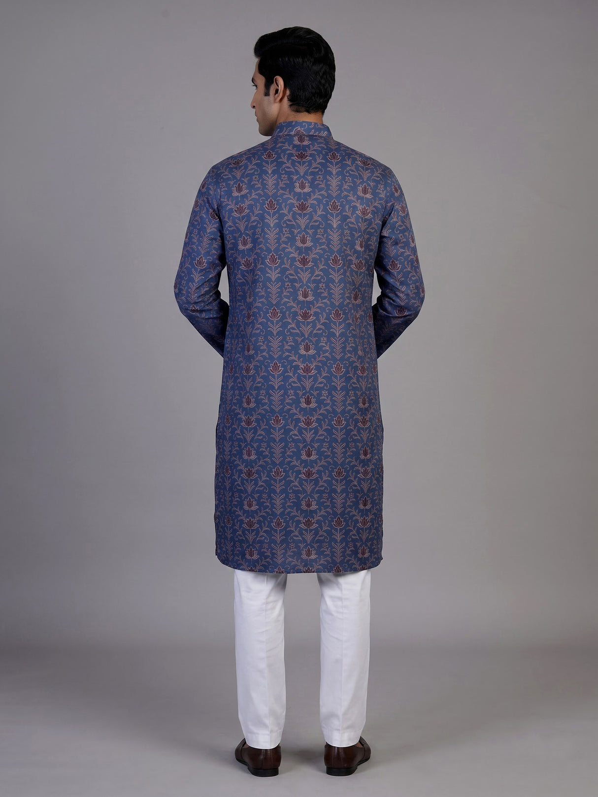 Navy silk printed kurta suit for men festive occasions