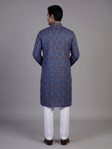 Navy silk printed kurta suit for men festive occasions