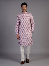 Pink off white silk printed kurta suit for men