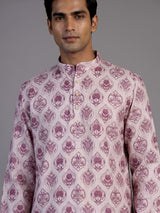 Pink off white silk printed kurta suit for men