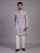 Off white cotton silk printed kurta suit for men