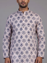 Off white cotton silk printed kurta suit for men