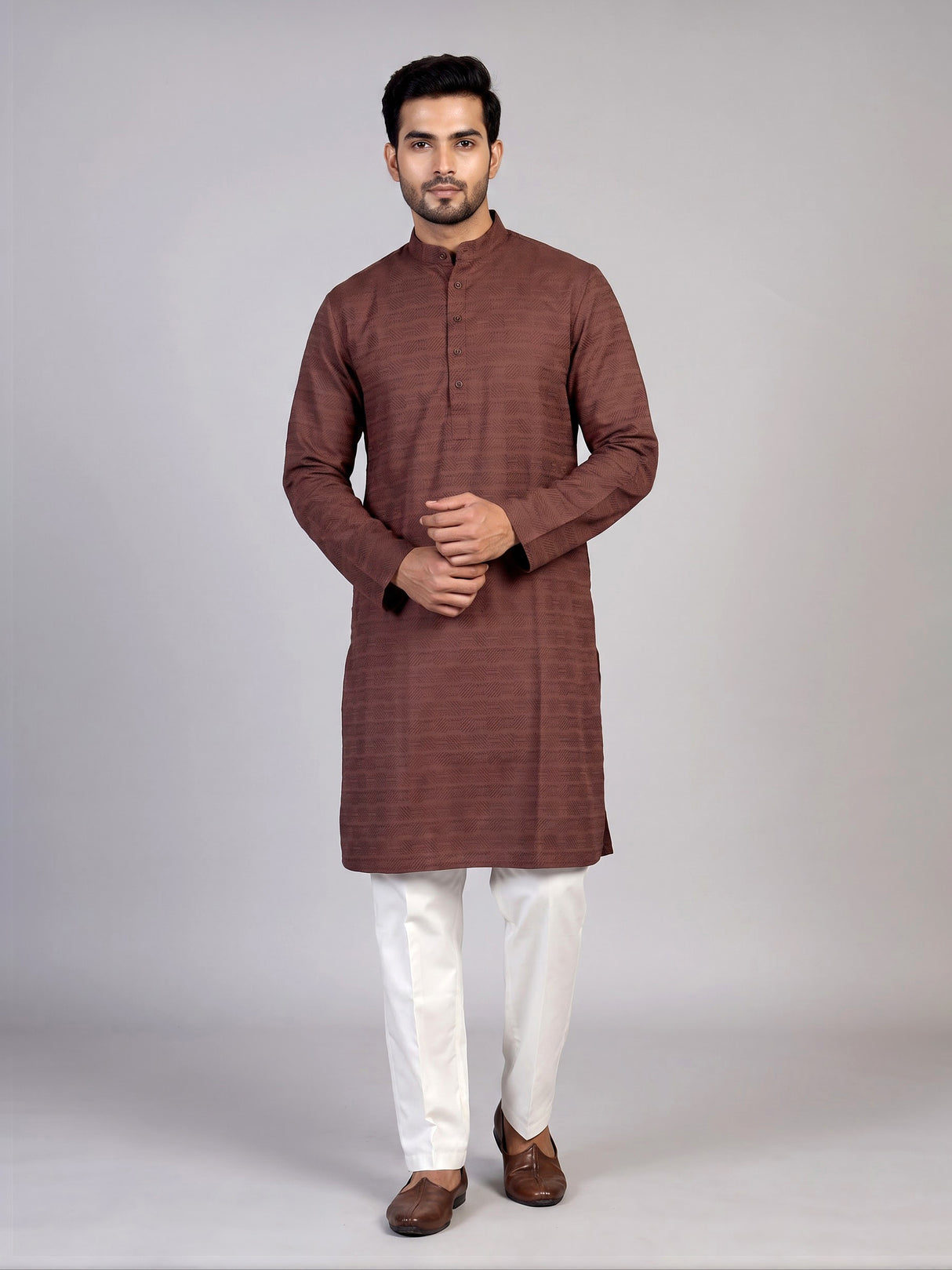 Brown cotton thread detailed kurta suit for men celebrations