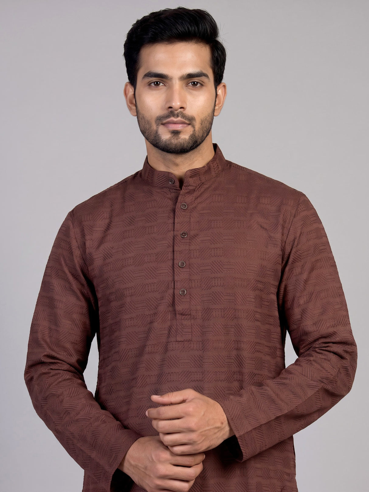 Brown cotton thread detailed kurta suit for men celebrations