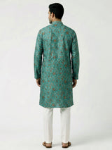 Teal green cotton silk floral kurta suit for men