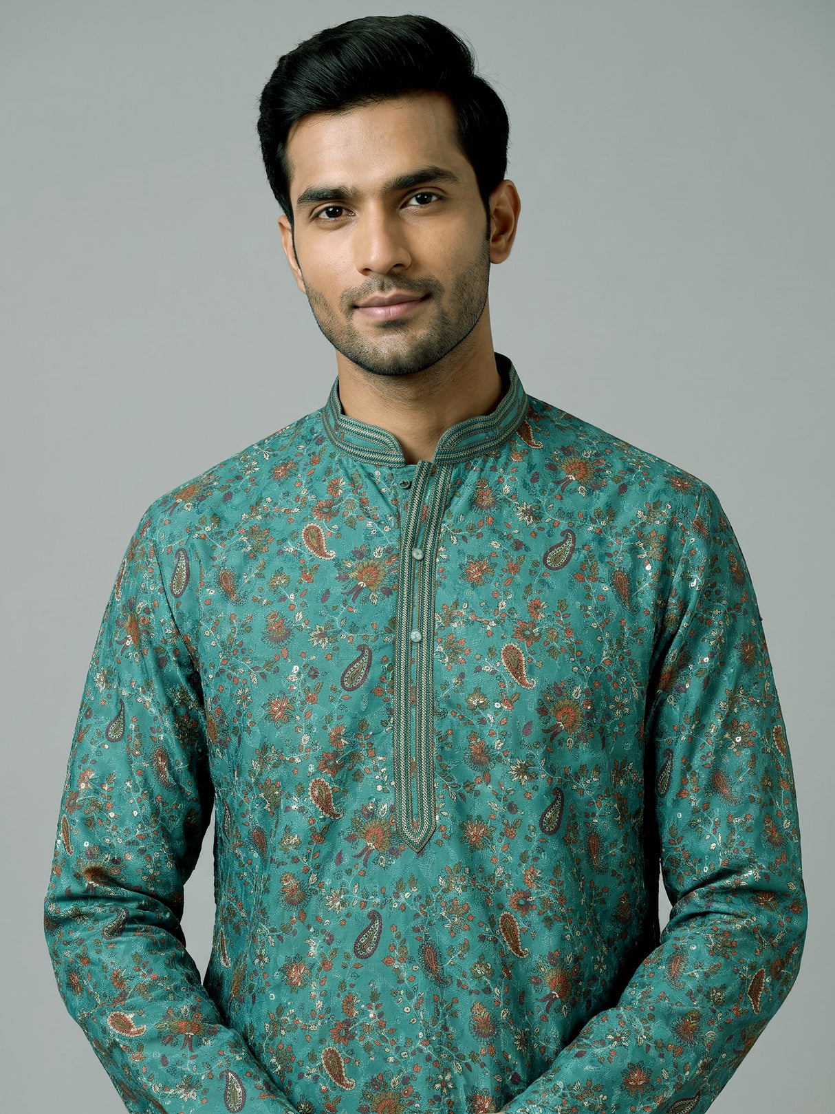 Teal green cotton silk floral kurta suit for men