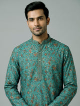 Teal green cotton silk floral kurta suit for men