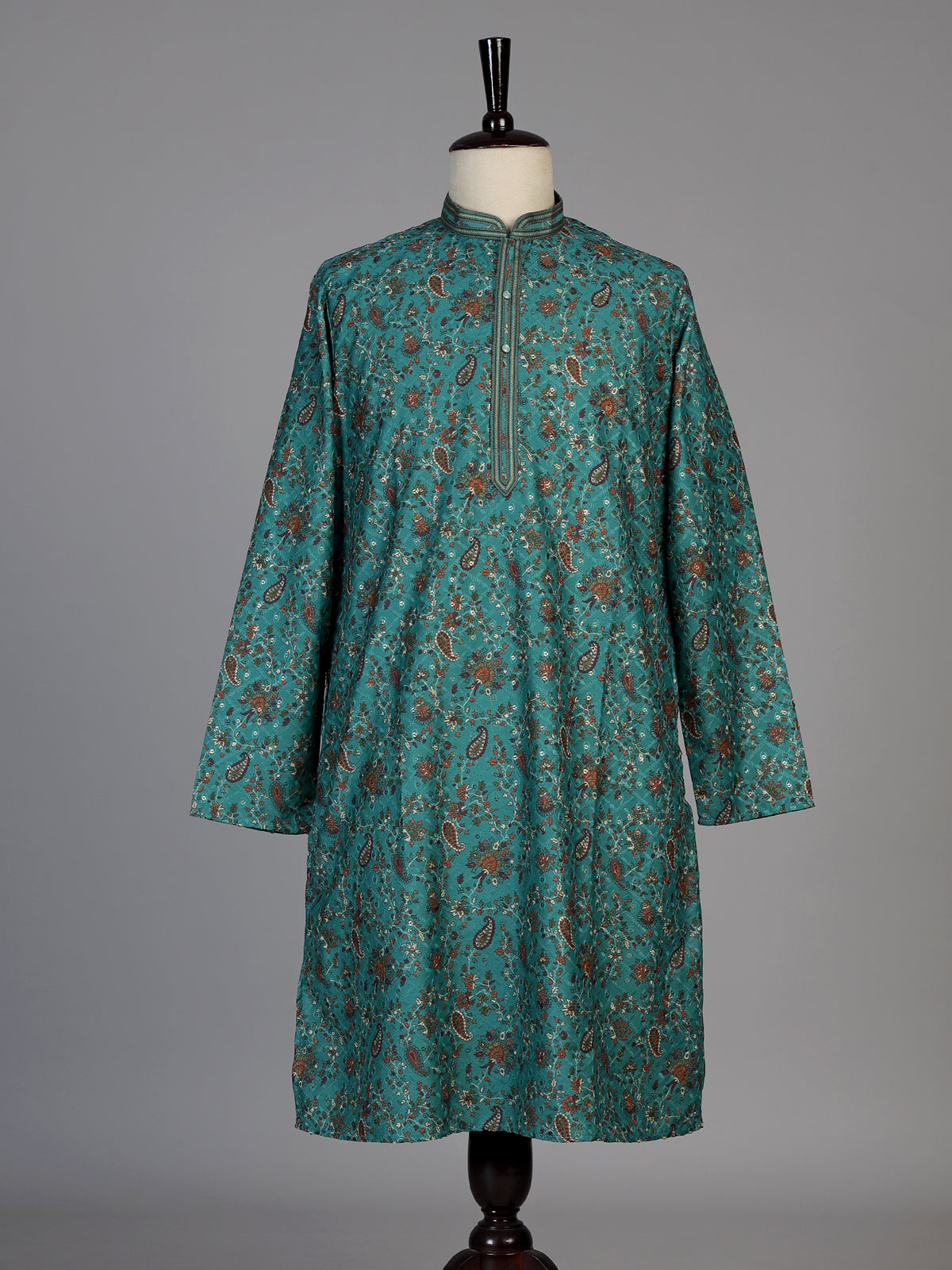 Teal green cotton silk floral kurta suit for men