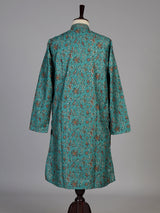 Teal green cotton silk floral kurta suit for men