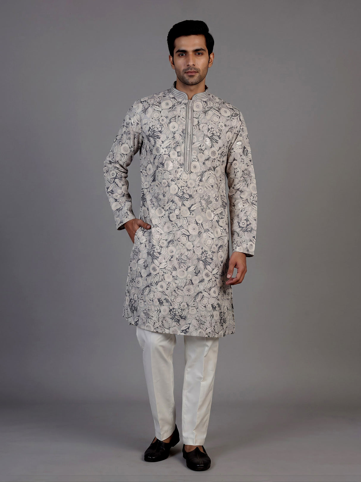 Beige cotton floral kurta suit for men graceful celebrations