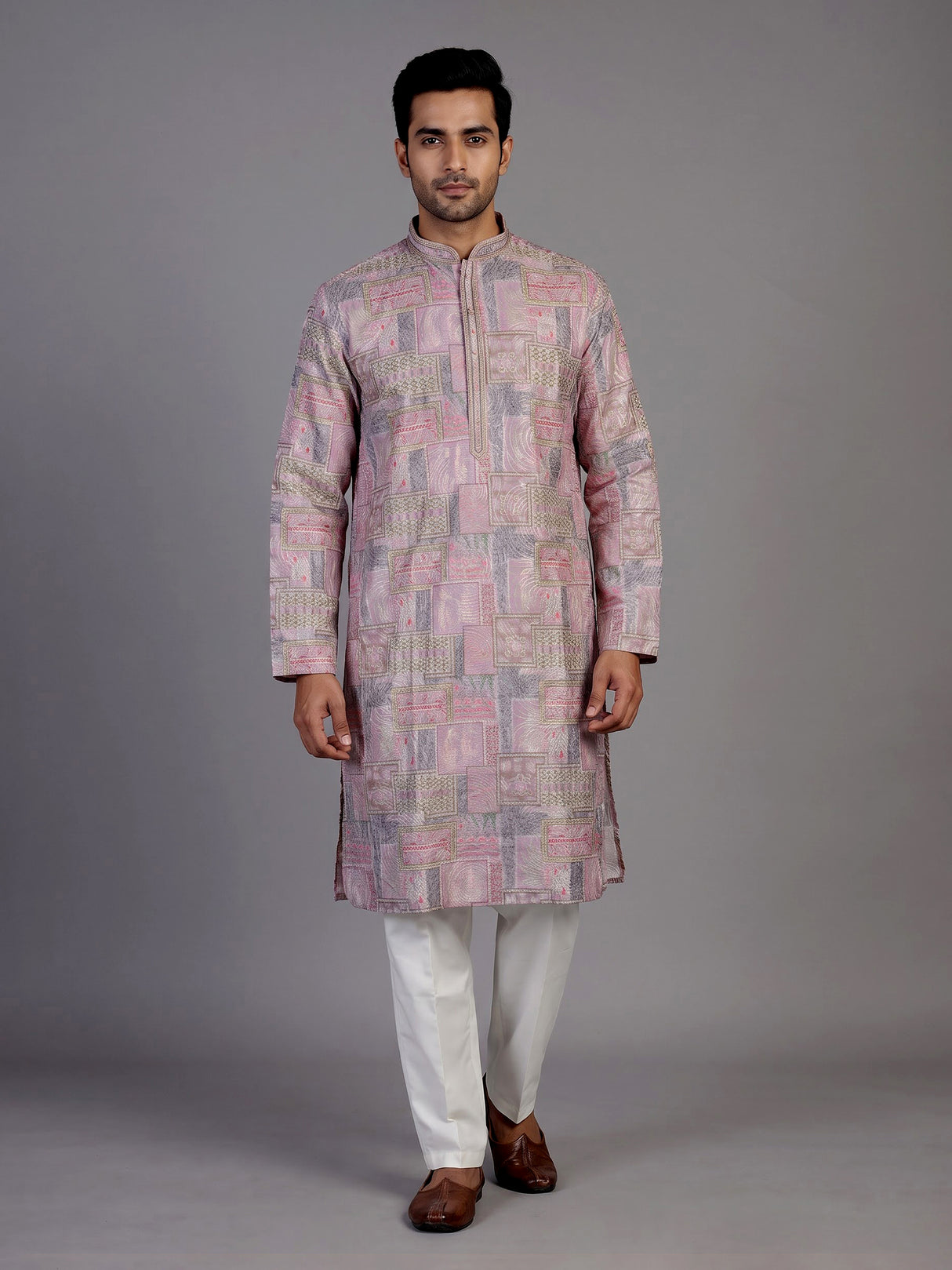 Pink silk printed kurta suit for men festive elegance