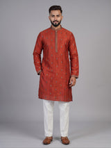 Orange silk blend embroidered butti kurta suit for men