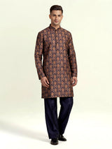 Navy silk blend printed kurta suit for men