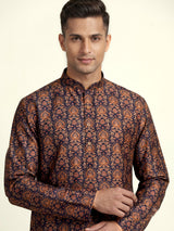 Navy silk blend printed kurta suit for men