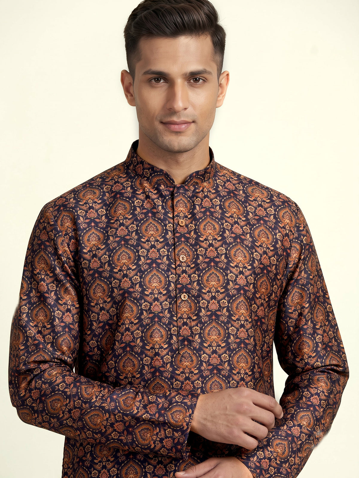 Navy silk blend printed kurta suit for men