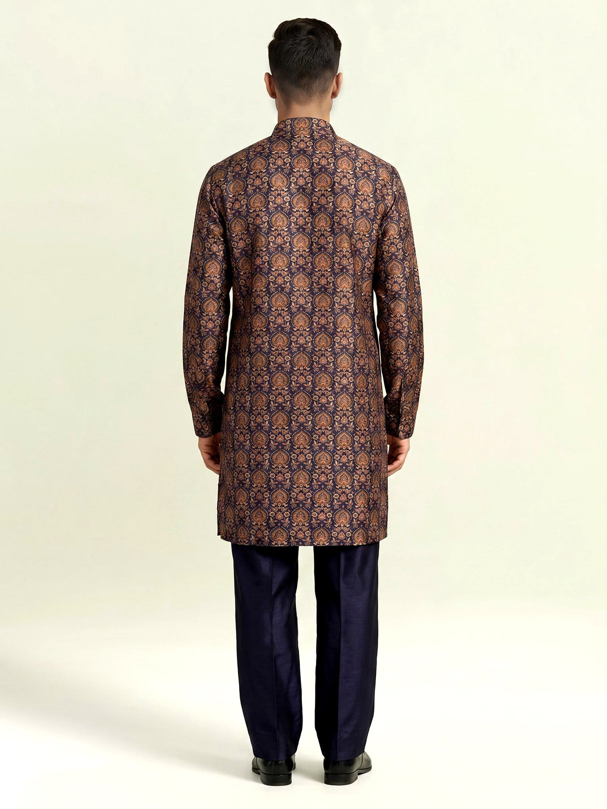 Navy silk blend printed kurta suit for men