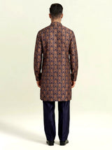 Navy silk blend printed kurta suit for men