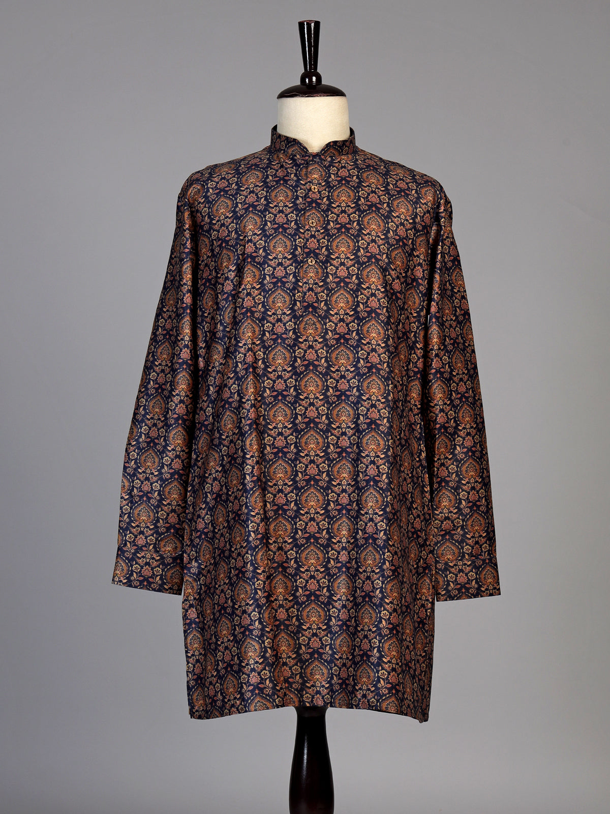 Navy silk blend printed kurta suit for men